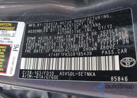 2012 Toyota Camry Le из США, поврежденный, VIN 4T4BF1FK5CR185439